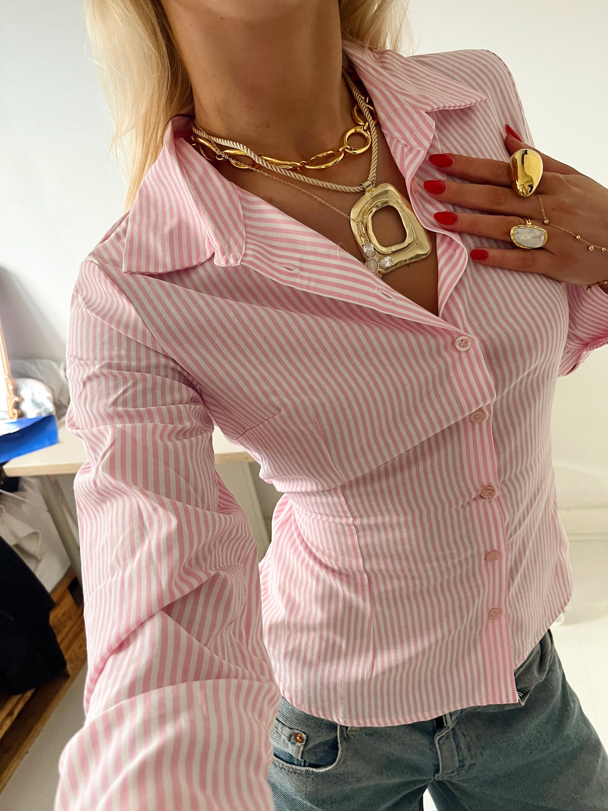 Alberte fitted shirt with stripes - Pink/white stripes