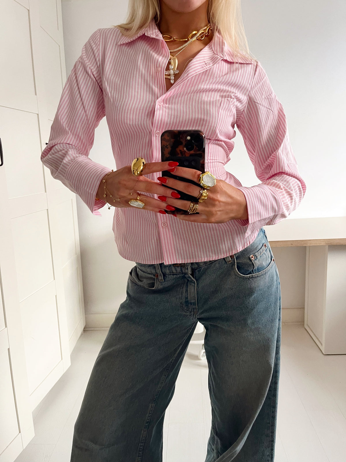 Alberte fitted shirt with stripes - Pink/white stripes