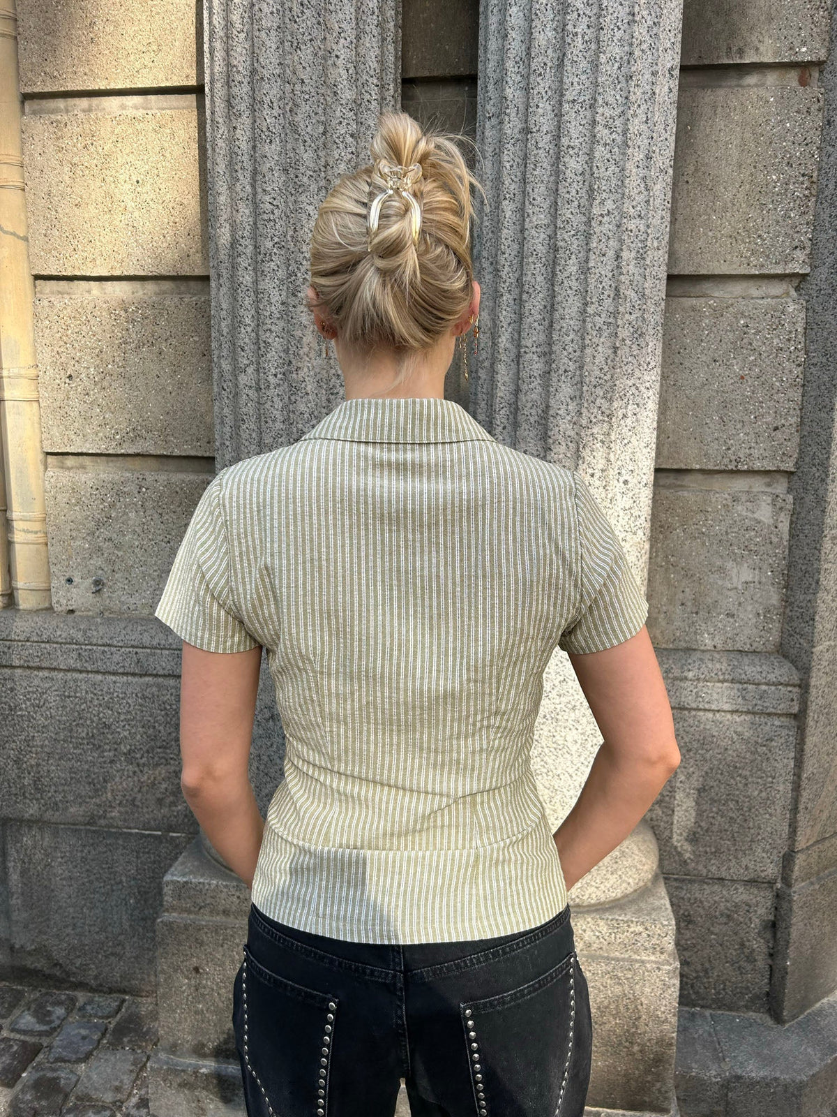 Josephine fitted shirt with short sleeves - Green/white